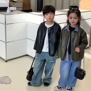 ジャケット2023春秋の韓国スタイルファッショナブルな革のコート男の子と女の子カジュアルハンサムキッズコート子供