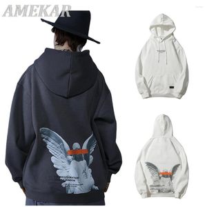 Herrtröjor herrar hiphop streetwear harajuku pullover ängel gud tryckt hoodie ficka bomull fleece grå huvtröja hoody