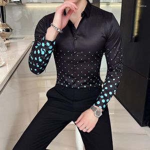 Mäns casual skjortor polka dot tryck för män 2024 sommarlång ärm Slim skjorta manlig affär social klänning party tuxedo blus