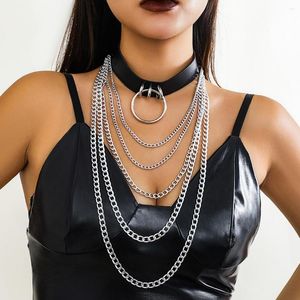 Hänge halsband ingesight.z gotisk pu läder multi skikt kubansk långkedja choker halsband kvinnor punk metall ring halloween