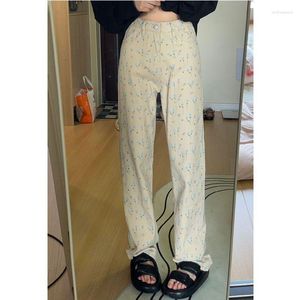 Women's Jeans Vintage Small Floral Casual Straight Leg Autumn Loose High Waist Slimming Wide Mop Long Pants