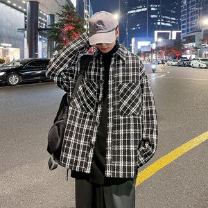 Herrjackor klassiska houndstooth -mönster skjortor män baggy rockar trendiga märke singelbröst blusar manliga streetwear långärmad