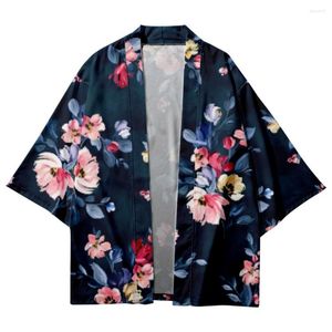 Abbigliamento etnico Fiore stampato blu Kimono giapponese Pantaloncini da spiaggia Harajuku Coppia Donna Uomo Cardigan Casual Allentato Streetwear Yukata