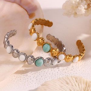 Bangle Bohemian Oval Shape Tianhe Stone White Jade Opening Gold Silver Color Waterproof Stainless Steel Bracelets For Women