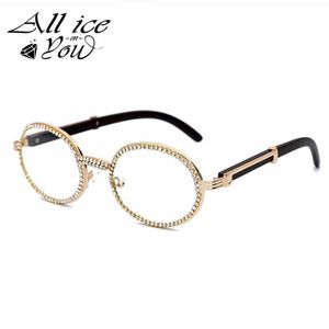 Vintage redondo gelado para fora hip hop óculos de sol masculino luxo feminino oval cristal madeira punk moda óculos frames267a