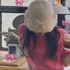 Wide Brim Hats Bucket Hats Ins Bow Decoration Cute Women's Hats Autumn and Winter Korean Version Casual Versatile Solid Color Warm Knitted Bucket Caps 230928
