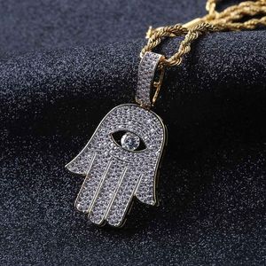 Hip Hop Micro-inlaid Zircon Pierced Eye Fatima Hand Pendant Necklace Gold Chain Men Women Jewelry Gifts253G