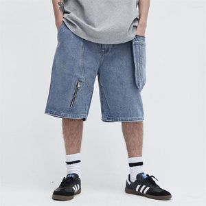 Men's Shorts Pocket Zipper Denim Retro Loose Straight Knee-length Jeans Washed Cropped Pants Male