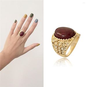 Cluster Rings Bohemia Gold Color Plating Clear Stone With Marble Marron Ring For Women Girl Lady Antique Vintage Jewelry