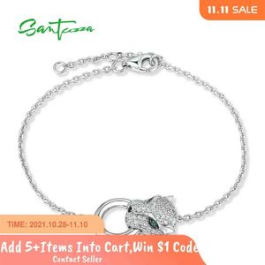 Santuzza 100% 925 Sterling Sier Bracelet For Women Leopard Panther Green Black Spinel White Zirconia Adjustable Fine Jewelry212Z