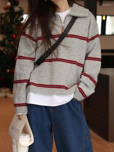 Women's Sweaters Zipper Striped Pink Sweater Retro Contrast Fashion Autumn/Winter For Women 2023 LOOSE Grey Long Sleeve Knit Pullovers