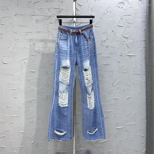 Kvinnors jeans 2023 sommar rippade tunna denimbyxor raka mopping byxor flickor streetwear tvätt dneim casual jean mujer