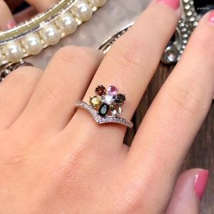 Cluster Rings Natural Multicolor Tourmaline Ring S925 Silver Gemstone Fashion Big Flower Receptacle Women Party Gift Jewelry