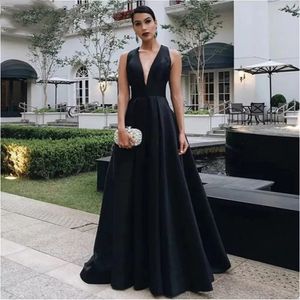 Black Sexy Deep V-Neck Satin Prom Dress Bow Simple Backless A Line Evening Tail Gown Long Sleeveless Robes De Soiree 328 328