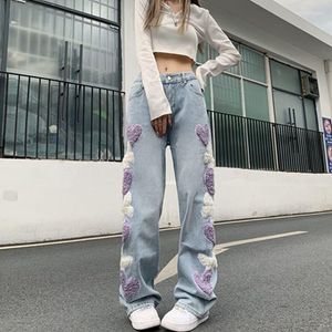 Women's Jeans Caring Embroidery Women Spring Autumn Streetwear Fashion High Street Trousers Y2k Hip Hop Waist Loose Wide Leg Pants