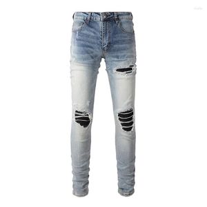 Men's Jeans Arrivals Distressed Light Blue Streetwear Stretch Slim Fit Leather Ribs Bandanna Patchwork Ripped Skinny Pants Men