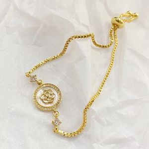 Charm Bracelets Fashion Round Camellia Bracelet Ladies Zircon Floral Chain Adjustable Bangle Gold Plating Luxury Jewelry Daily Gift Female