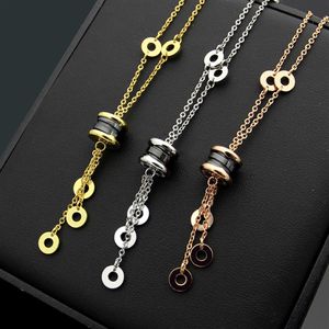 New Arrive Fashion Lady Titanium steel Tassels Lettering 18K Plated Gold Necklace With Black White Ceramic Spring Pendant Engageme253b