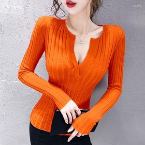 Women's Sweaters Orange Bright Sexy Office Lady Vest Pullover Low V Collar Sweater T-shirt Women Girl Pull Slim Top Cloth Shirt