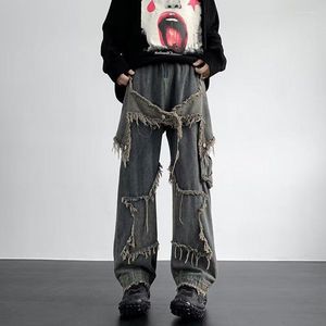Jeans masculinos 2023 americano hip hop retro y2k workwear outono remendo tubo reto casual harajuku calças designer roupas