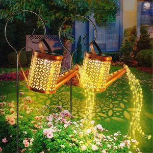 Decorative Objects Figurines Solar Water Kettle Light Outdoor Garden Watering Can Lawn Hollow Iron Retro Landscape Insert Lights 230928