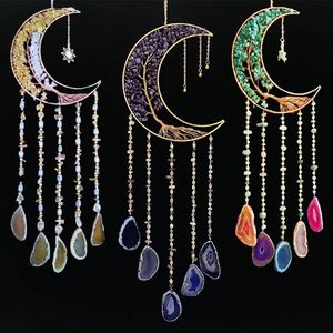 Adesivos de parede Ágata Dream Catcher Natural 7 Chakra Cor Gemstone Jardim Sala de estar Decoração Wind Chime Decor Moon Gem 230928