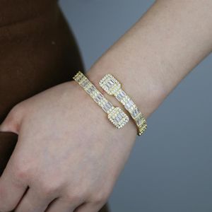 Iced out baguette aberto manguito pulseira micro pavimentada bling quadrado zircônia cúbica pulseira luxo rapper punk jóias para women276d