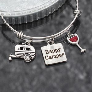 8pcs lot Happy Camper Bracelet camping gift RV travel trailer charm Stainless Steel adjustable bangle glamping jewelry gift249E