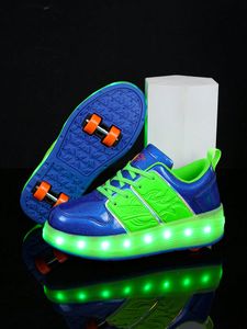 Boy's Solid Four-wheeled Rechargeable Led Flashing Roller Skate Shoes With 12 Adjustable Modes