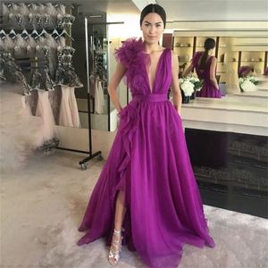 Purple Prom Dresses A Line Tulle V Neck Sexy High Slit Women Evening Gowns Sexy High Split Vestidos Elegantes Para Mujer