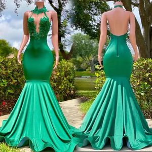 Evening Dresses Green Prom Party Gown New Formal Plus Size Applique Beaded Mermaid Satin Custom Zipper Lace Up High Neck Sleeveless Backless