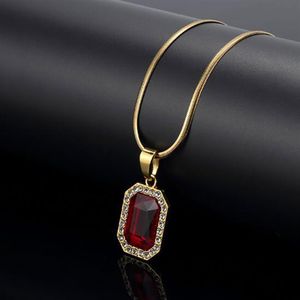 Red Lab Ruby Rettangolo GEM Ciondolo Bling Diamanti simulati Gioielli con rubino Collana placcata oro giallo 18 carati Catena con osso di serpente233v