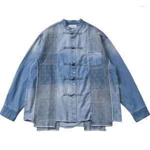 Camisas casuais masculinas vintage estilo chinês em pé pescoço botão solto denim manga longa camisa casaco chegada