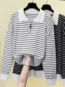 Kadın Sweaters Stripe Gevşek Örgü Sweater Triko Kadınlar Uzun Kollu V-Neck Pullover Büyük boy üstleri zarif moda tatlı bayanlar jumper'ları