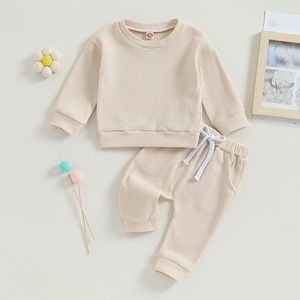 Giyim Setleri Toddler Boy Boy Kız Sonbahar Kış Kıyafetleri Waffle Örgü Mektubu Baskılı Uzun Kollu Sweatshirt Pants Pantolon Giysileri Set