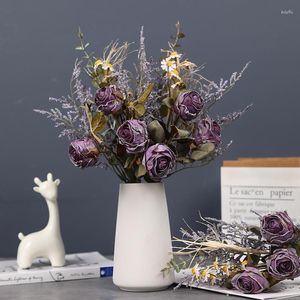 装飾的な花は焦げた人工ローズパープルブーケシルクchrysanthemum for wedding office el decoration table diy home deror