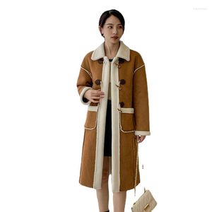 Женское длинное пальто на подкладке из овечьего меха, женская зима 2023, плюшевая куртка из искусственной овчины, женская пушистая верхняя одежда