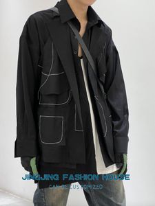 남성용 캐주얼 셔츠 2023 오리지널 디자인 검은 가을 셔츠 코트 툴링 긴 소매 느슨한 패션 감각