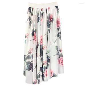 Gonne Summer Ladies Rose Flower Print Elegante gonna in cotone Fashion Casual A-Line Vita alta Plus Size Chiffon retrò