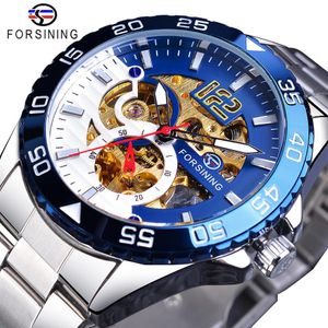 Orologio da uomo meccanico Forsining Orologio da uomo automatico di lusso delle migliori marche Orologio da uomo automatico con scheletro in acciaio inossidabile Quadrante blu Orologio casual impermeabile251Y