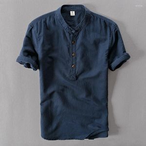 Men's Casual Shirts Helisopus Men Cotton Linen Autumn Brand Short Sleeve Shirt Mandarin Collar Solid Color Retro Tees