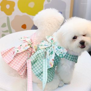 Dog Collars Summer Pet Clothes Dress Plaid Parquet Chest Back Skirt Wedding Ack Traction Rope Teddy Chihuahua Puppy