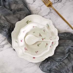Dinnerware Sets INS Wind Relief Flat Plate Crushed Flower Ceramic Home Dessert Bowl Dish Spoon Salad Dinner Ware 3pcs/Set