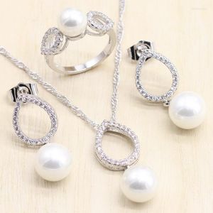 Halsband örhängen Set Women 925 Sterling Silver Pearl White Ring Stud Pendant For Party Jewelry Gifts