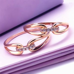 Clusterringe 585 Lila Gold 14k Rose Einfacher Stil Kristall Hochzeit für Paare Öffnungszauber Exquisiter leichter Luxusschmuck
