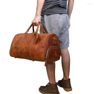 Torby duffel mężczyźni torba podróżna vintage szalony konno prawdziwa skóra 18 -calowa duża krowa Boston Bagaż biznesowy Weekend