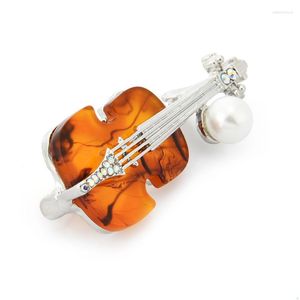 Broches Wulibaby Pearl Volin Guitar for Women Brown Rhinestone Music Instruments Party Casual Broche Pins Presentes