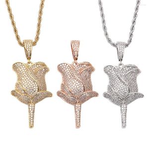 Pendant Necklaces Hip Hop Micro Paved Cubic Zirconia Iced Out Bling Rose Flower Pendants Necklace For Men Women Jewelry Gold Silver