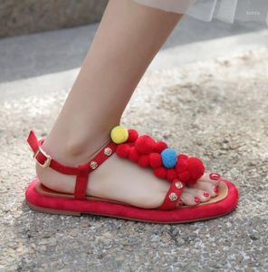 Girls Sandals Multi Sestito Sweety Color Fur Ball Embellished Buckle Strap Summer Gladiator Ladies Peep Toe Flat Casual 26746