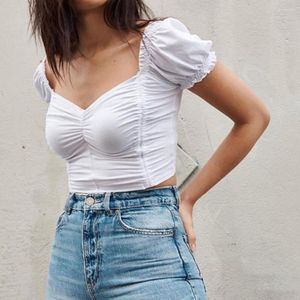 Women's Blouses Ruffle Trim Shirring Solid Color Women T-shirt Square Collar Puff Short Sleeve Pullover Top Type Pleated